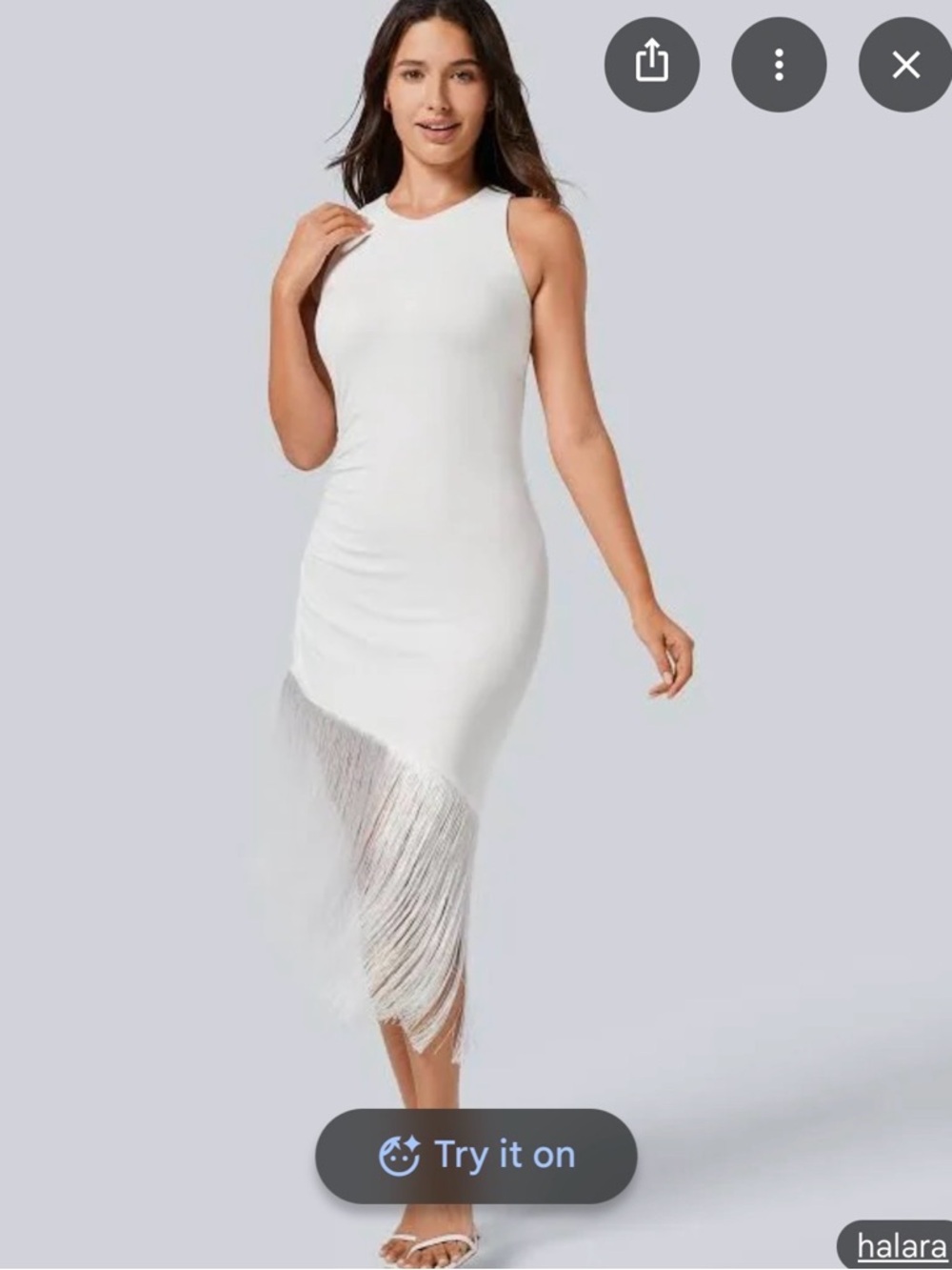 HALARA White Sleeveless Midi Dress with Fringe Hem